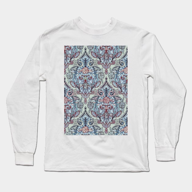 Botanical Moroccan Doodle Pattern in Navy Blue, Red & Grey Long Sleeve T-Shirt by micklyn